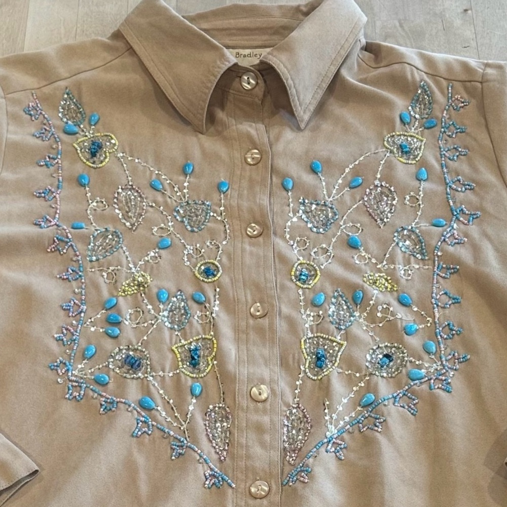 Cynthia Bradley L Womens Tan Embroidered Stone Long Sleeve Button Up Shirt